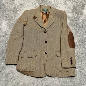 Ralph Lauren Blazer Womens 14 Brown Herringbone Wool Equestrian Elbow Patch